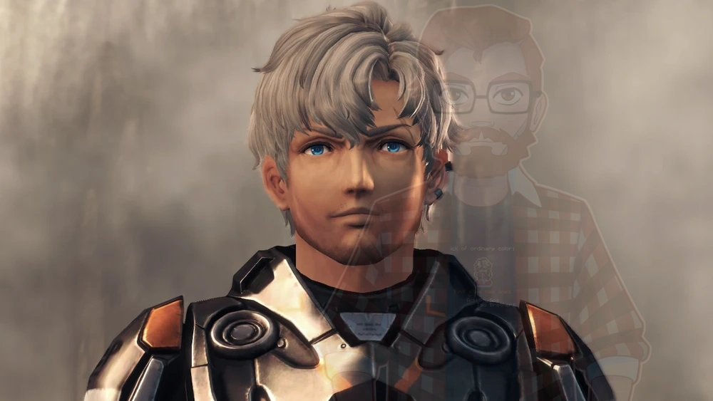 A screenshot of the character Alois Bernholt from Xenoblade Chronicles
X Definitive Edition, with a sprite of Alex from Yiik overlayed at low opacity.