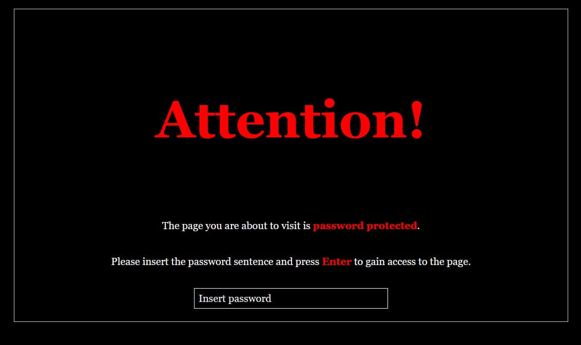 A screenshot of the game. It shows a screen asking for a password to get access to restricted content.