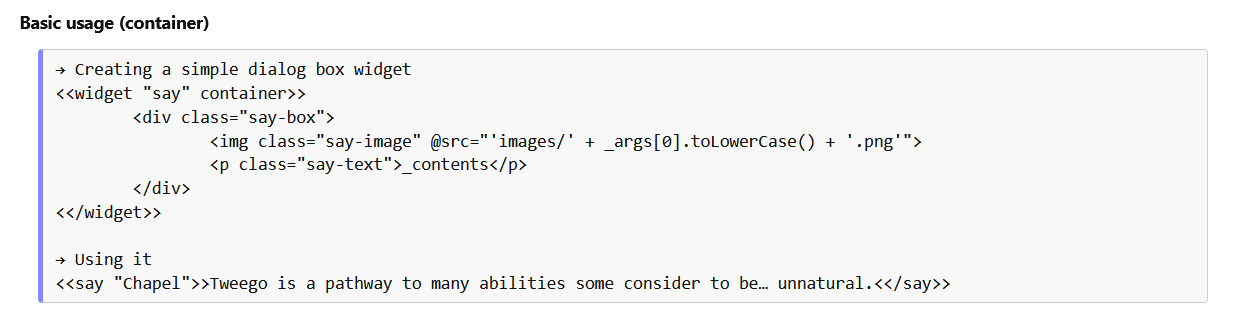 A screenshot of the Sugarcube 2 documentation showing an example of the Widget macro usage.