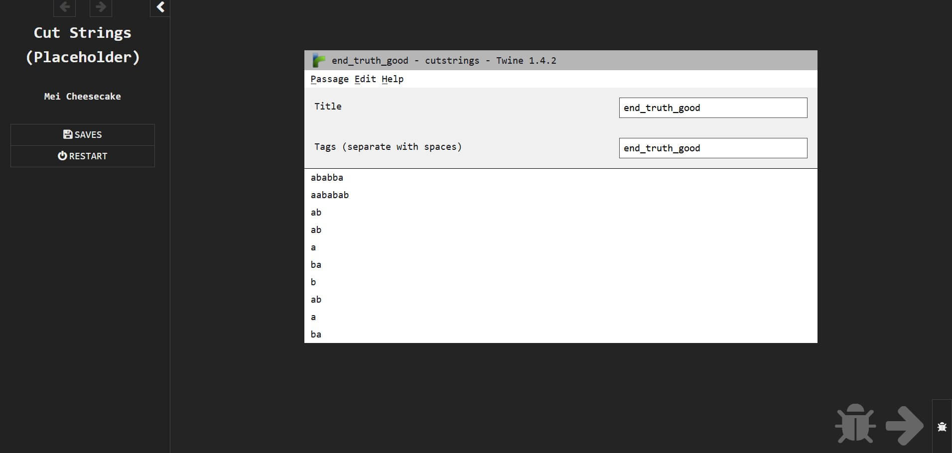 A screenshot of the game. It shows a page layout imitating the Twine passage editor.