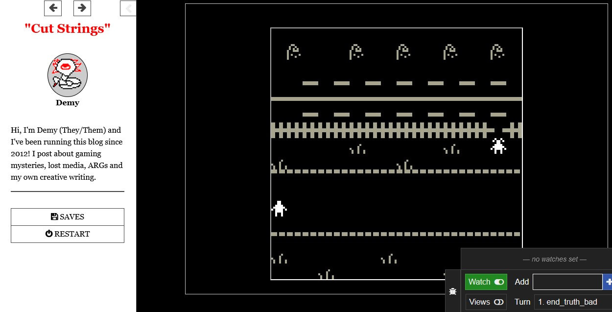A screenshot of the game. There is a bitsy game embedded on the passage.