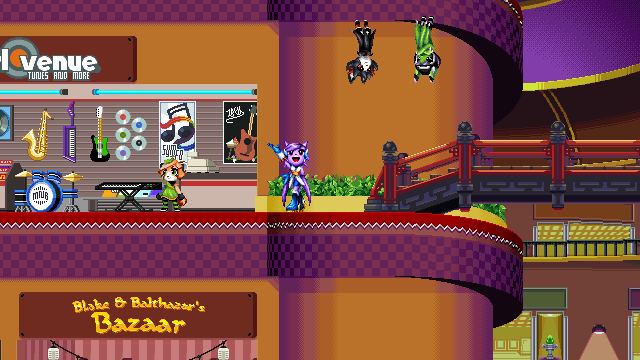 A screenshot of Freedom Planet 2. Lilac stands between a red panda NPC and two bat
NPCs, one black and white and the other green.