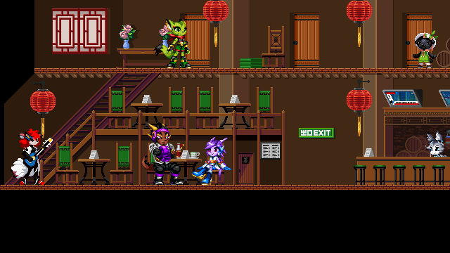 A screenshot of Freedom Planet 2. Lilac sits at a bar with Askal. Carol is standing on
the second floor of the bar. There is also a fox (I think?) NPC with a guitar, a
pug NPC and a cat NPC.