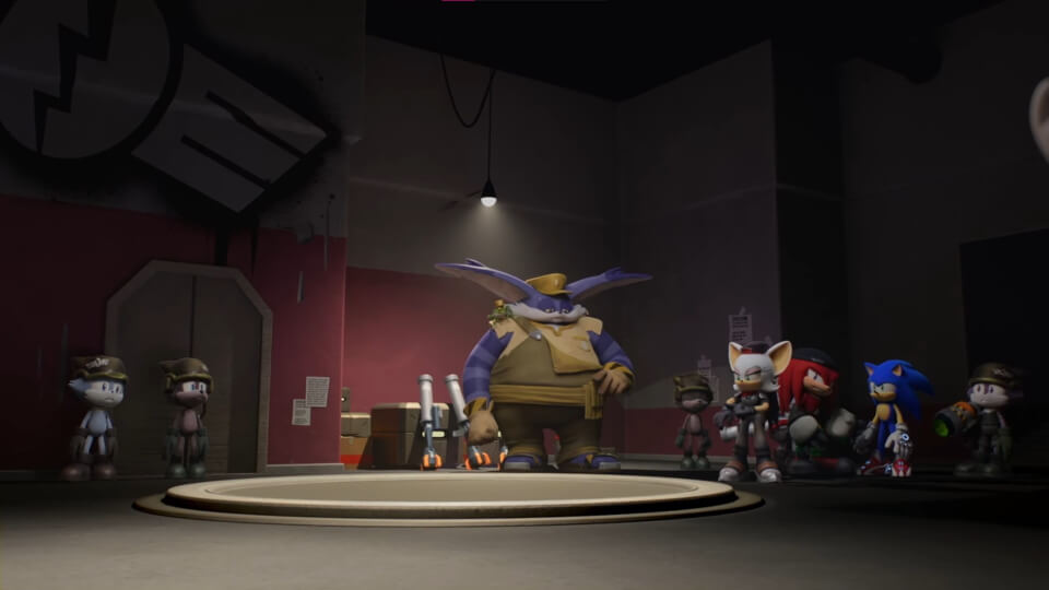 A screenshot of Sonic Prime. Sonic stands in a row with the New Yoke variants of Big,
Rouge and Knuckles. Three background characters of unknown species also stand with them.