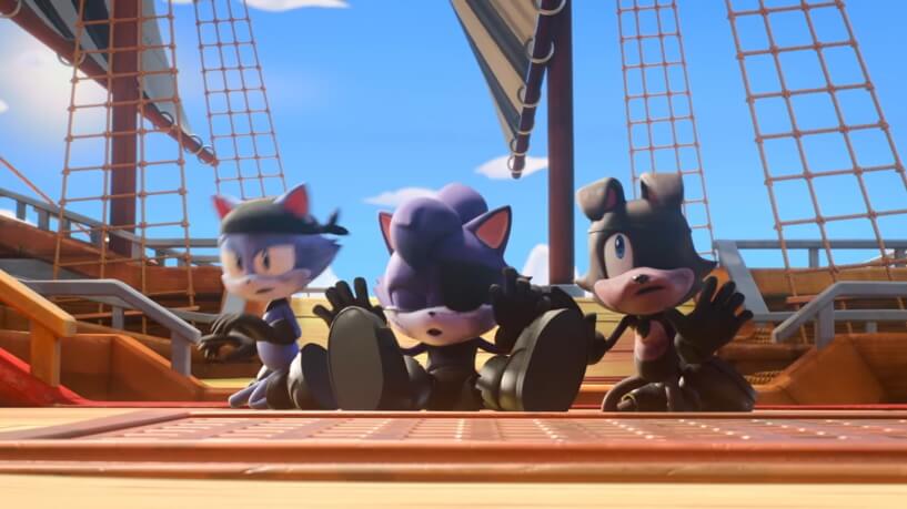 A screenshot of Sonic Prime. A cat, a dog and an unknown species character sit on the floor
of a ship, defeated.