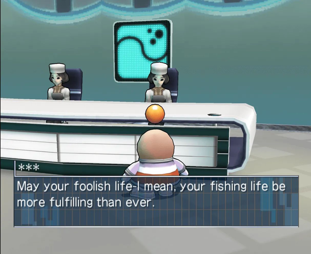 Opoona talking to a clerk. The dialogue reads: May your foolish life - I mean your fishing life be more fulfilling than ever.
