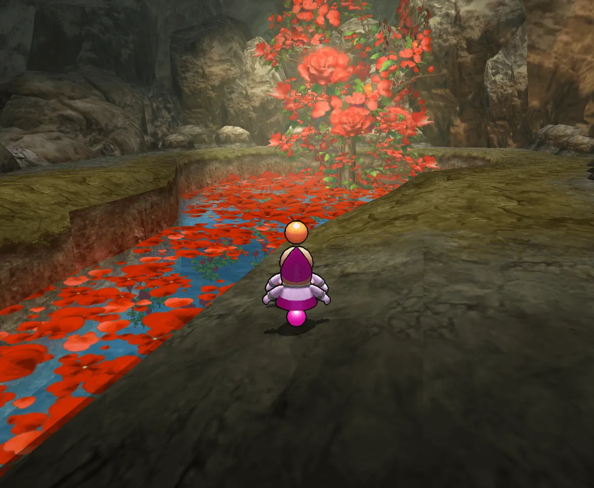 Opoona and Copoona standing in a cave full of red flowers.