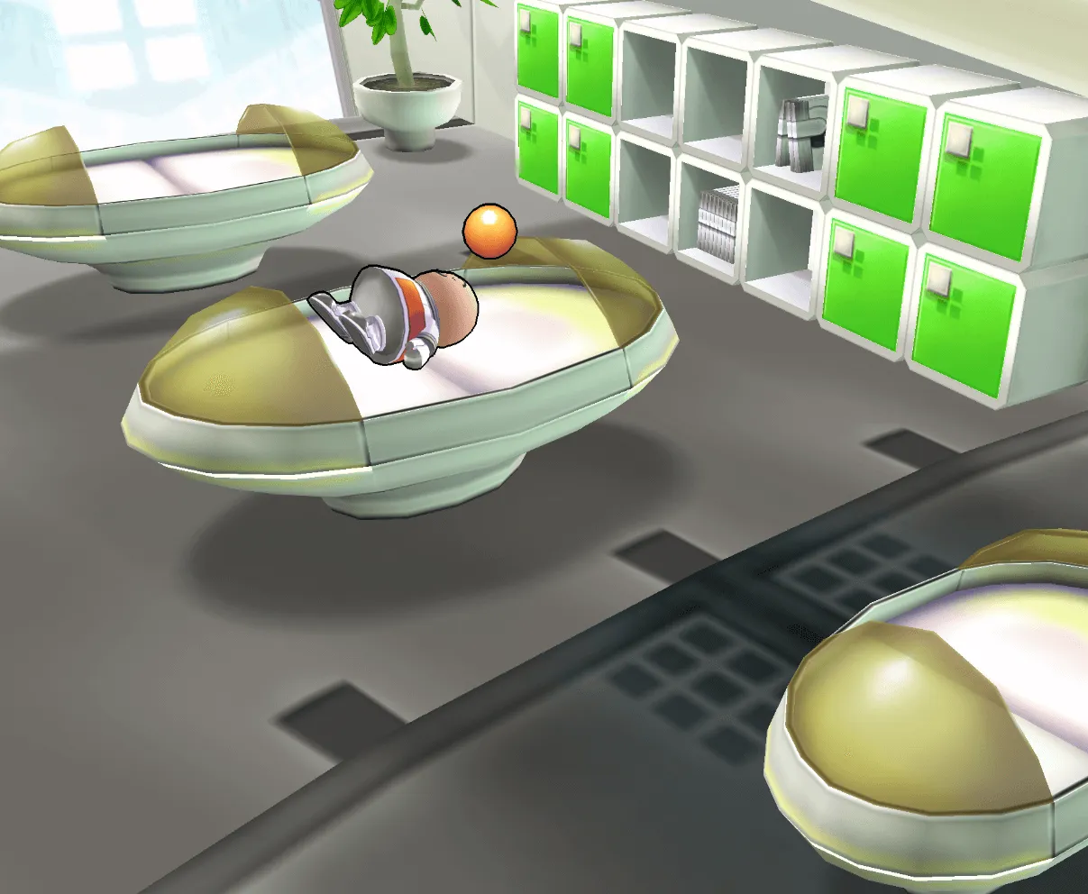 Opoona sleeping on a futuristic looking bed.