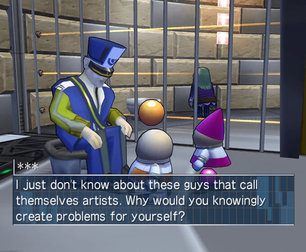 Opoona talking to a prison guard. The dialogue reads: I just don't know about these guys that call themselves artists. Why would you knowingly create problems for yourself?