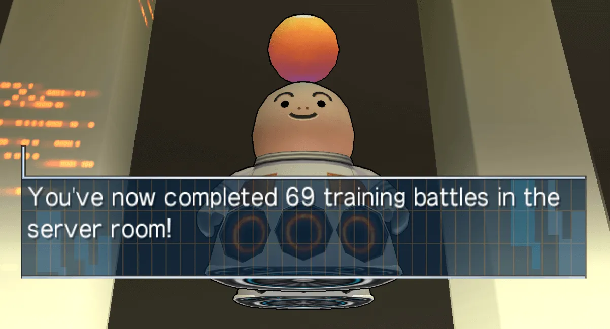 Opoona very close to the camera. The dialogue reads: You've now completed 69 training battles in the server room!