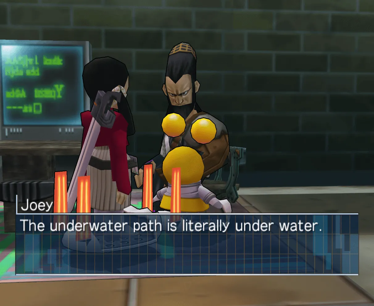Poleena and Chaika talking to Joey. The dialogue reads: The underwater path is literally under water.