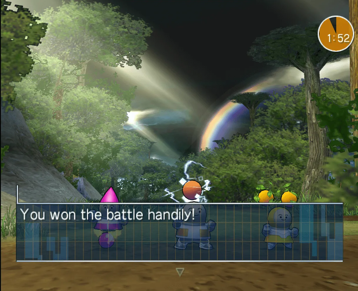Battle end screen. There  is a rainbow in the background.