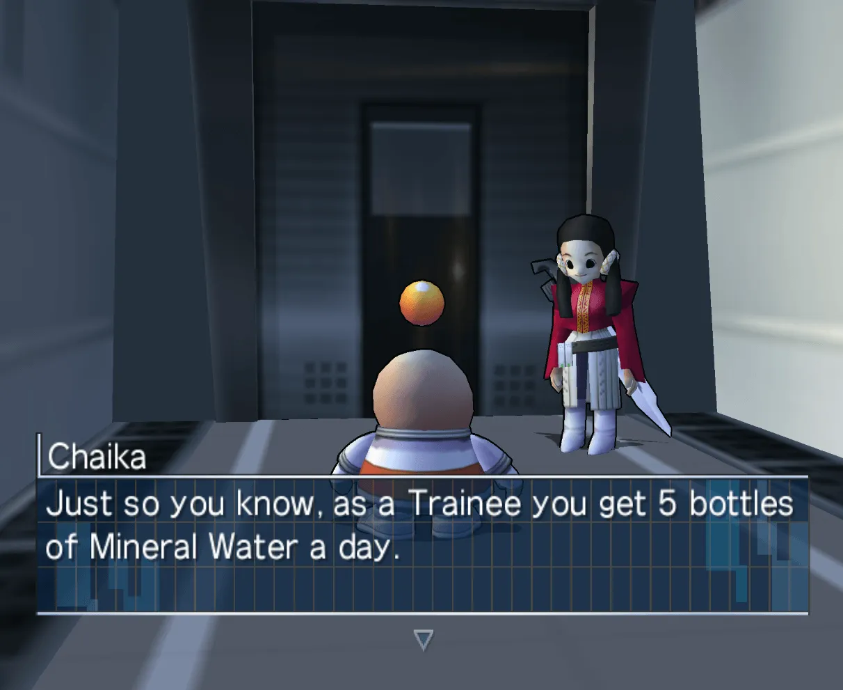 Opoona talking to Chaika. The dialogue reads: Just so you know, as a Trainee you get 5 bottles of Mineral Water a day.