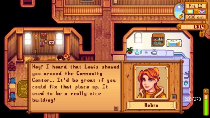 A screenshot of the game Stardew Valley, where Robin says "Hey! I heard that Lewis showed you around the Community Center... It'd be great if you could fix that place up. It used to be a really nice building!".