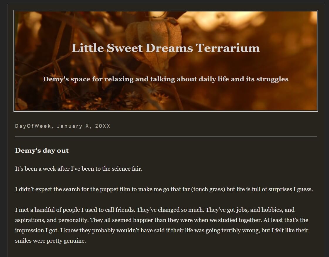 A screenshot of the game. It shows a blog post titled Demy's Day Out. The blog header 
and palette are different from the first screenshot.