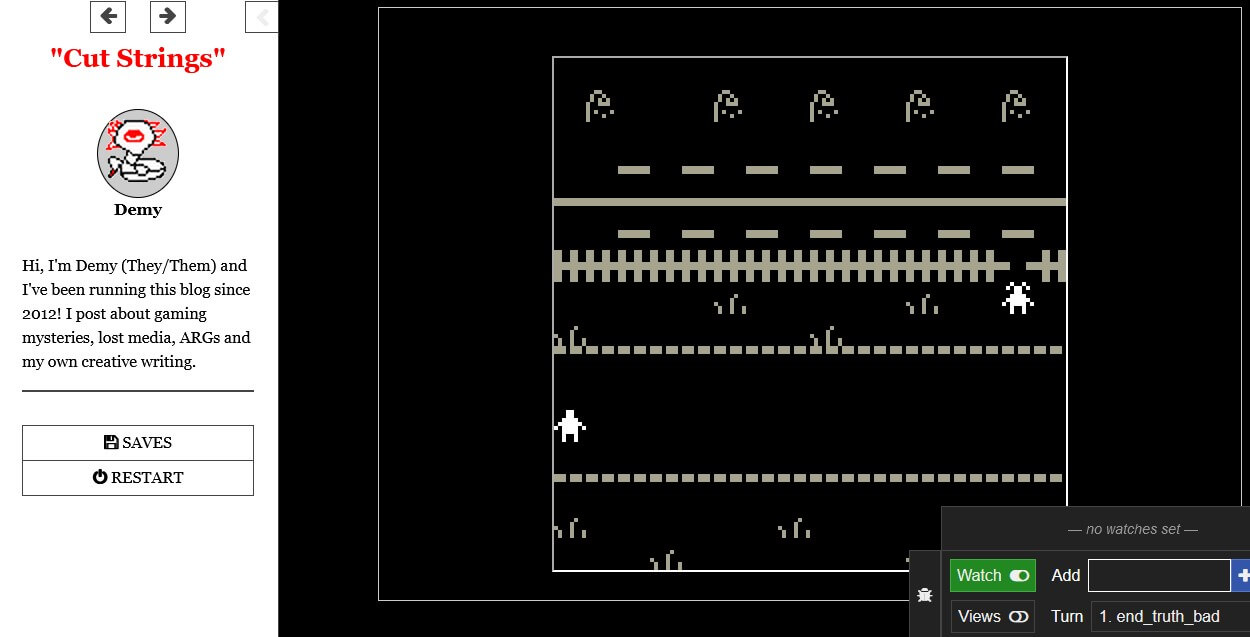 A screenshot of the game. There is a bitsy game embedded on 
    the passage.