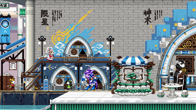 A screenshot of Freedom Planet 2. Lilac points at a group of rat NPCs, and a black and 
    white lion NPC stands at the corner of the imag