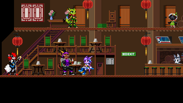 A screenshot of Freedom Planet 2. Lilac sits at a bar with Askal. Carol is standing on 
    the second floor of the bar. There is also a fox (I think?) NPC with a guitar, a 
    pug NPC and a cat NPC.